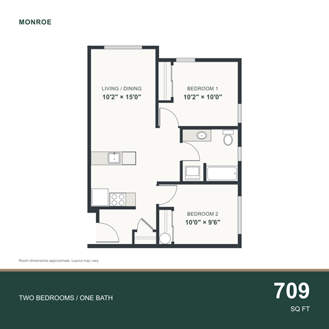 Floor plan for 2 beds, 1 bath, 709 sqft